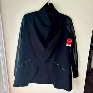 BRAND NEW Spanx Black Drape Front Jacket Faux Leather Sleeves Black XS NWT